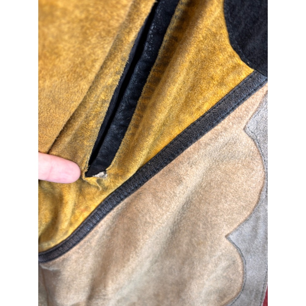 Vintage 80s Suede Leather Patchwork Jacket Fur Collar Geometric Art Earth L‎ OOK - Picture 5 of 15